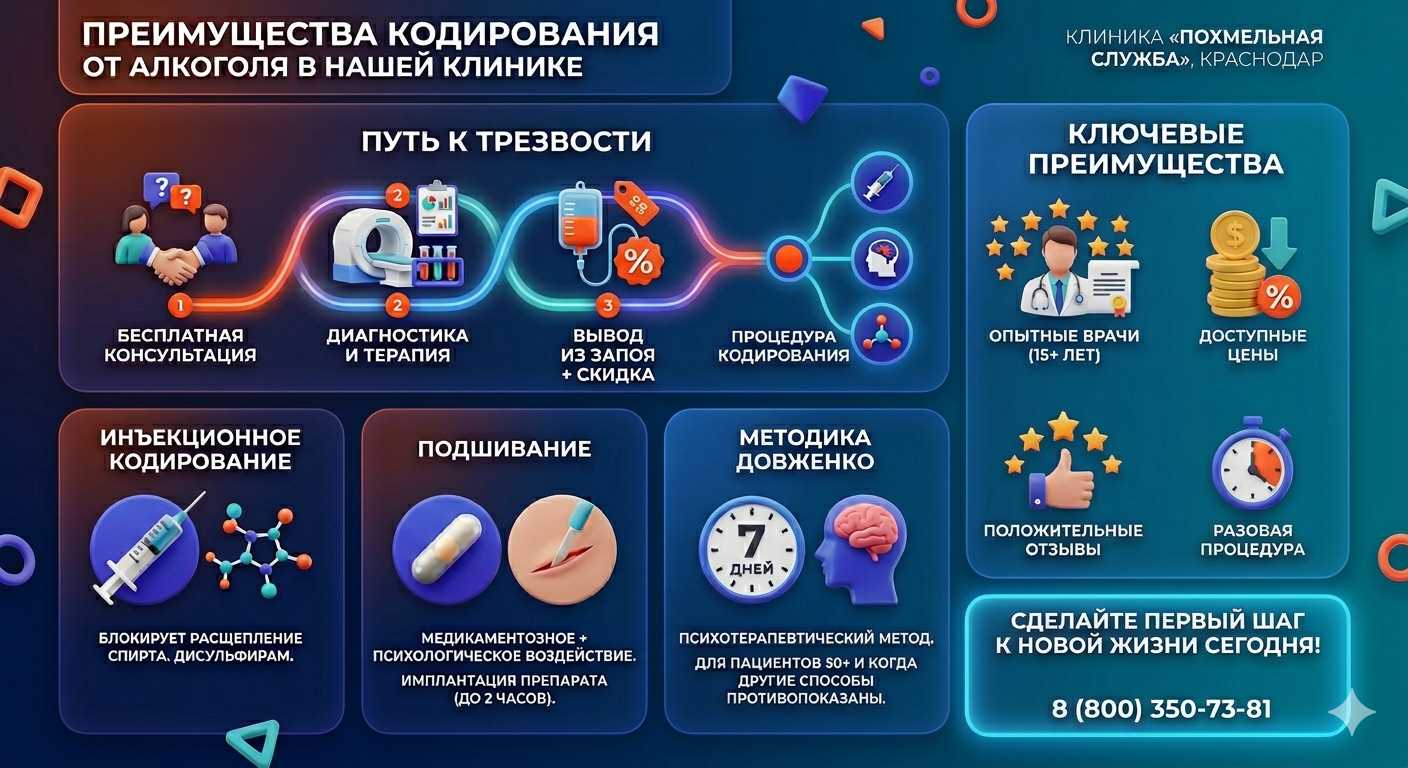 Инфографика о методах кодирования от алкоголя в Учалах: инъекции, подшивание, метод Довженко. Преимущества клиники и этапы лечения.
